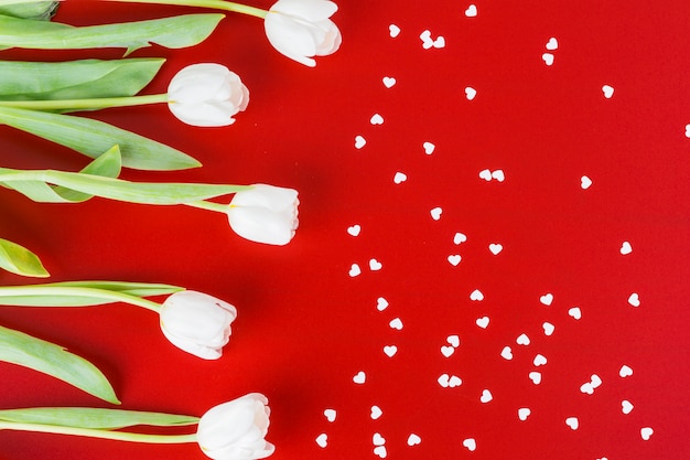 Free photo white tulips with small hearts on table