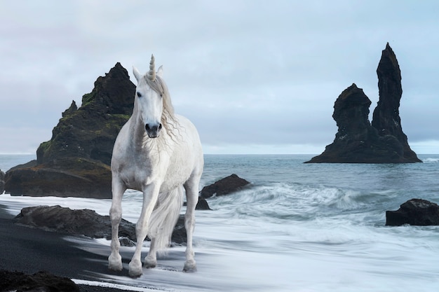 Free photo white unicorn outdoors on the beach