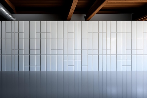 A white wall with a black ceiling and a white tile floor.