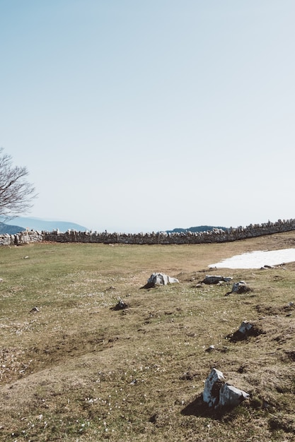 Wide angle shot of rock builders in a green field under a clear sky