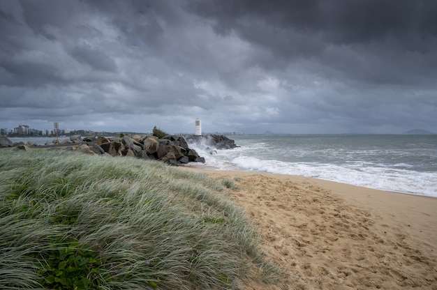 Wide angle shot of the Sunshine Coast of Queensland, Australia under a clouded sky