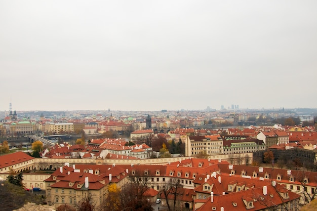 Free photo wide angle view of the buildings of prague under a clouded sky