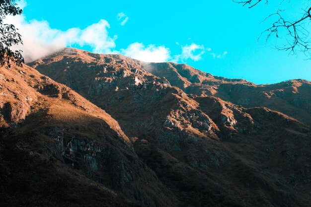 Wide shot of a mountain range in the desert with a clear blue sky on a sunny day