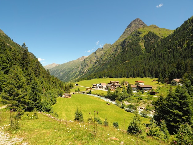 Wide shot of a mountain valley