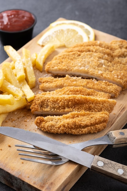 Free photo wiener schnitzel with fried potatoes on black background