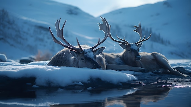 Wild elk animal with winter nature landscape