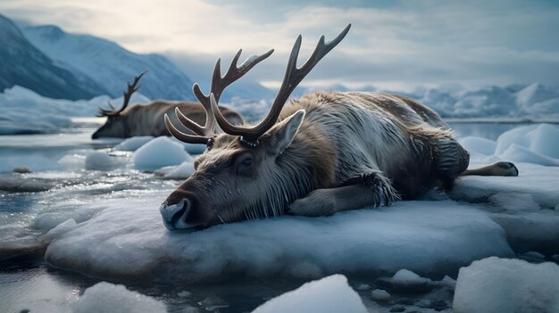 Wild elk animal with winter nature landscape