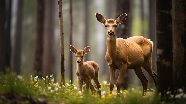 Wild elk in nature with calf