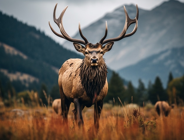 Free photo wild elk in nature with wilderness landscape