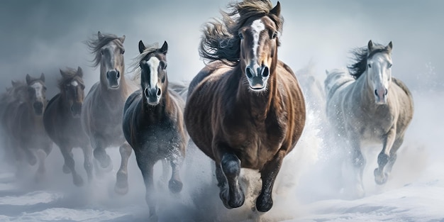 Free Photo wild horses charges through a snowstorm