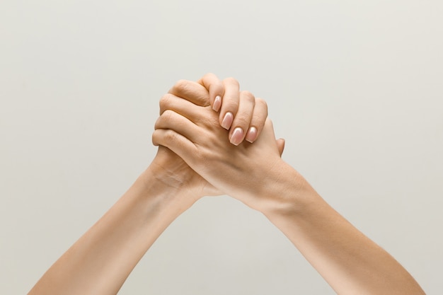 Free photo win together. loseup shot of male and female holding hands isolated on grey studio background. concept of human relations, friendship, partnership, family. copyspace.