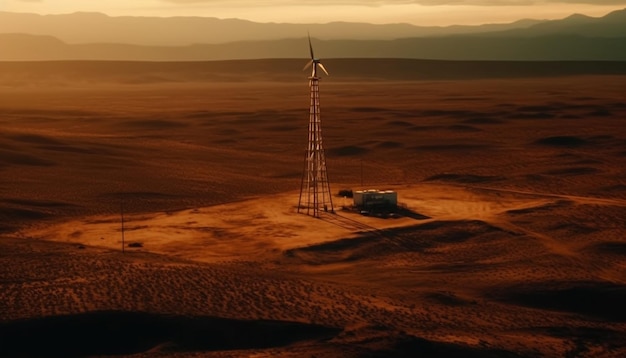 Wind turbines generate electricity powering rural landscapes generated by AI