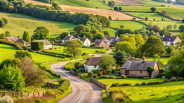 Free photo winding road through a picturesque countryside village