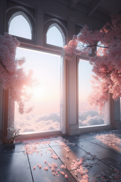 Window in room with surreal and mystical view