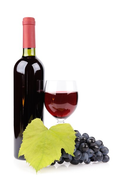 Wine bottle, glass and grapes isolated on white