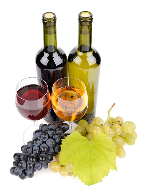 Wine bottle, glass and grapes isolated on white