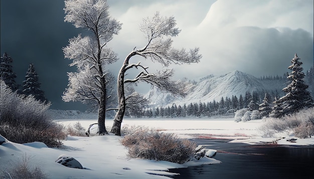 Free photo winter beauty reflected in tranquil snow covered landscape generative ai