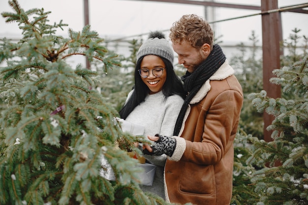 Free photo winter concept. guy in a brown coat. salesman of christmas tree. international couple.