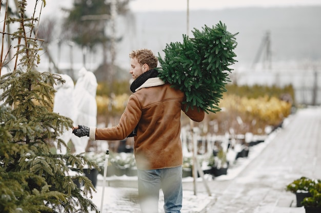 Free photo winter concept. guy in a brown coat. salesman of christmas tree.