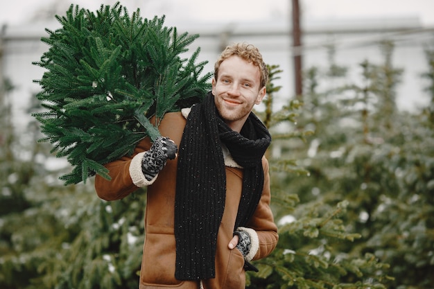 Free photo winter concept. guy in a brown coat. salesman of christmas tree.