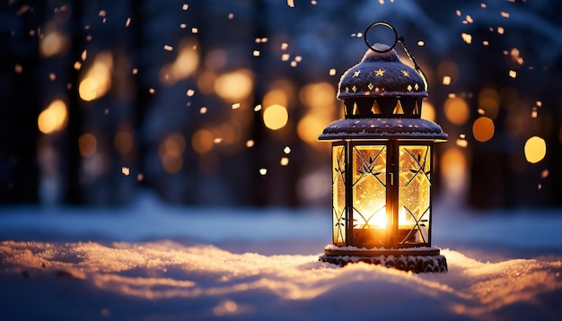 Free photo winter night celebration lanterns illuminate the snow covered tree generated by artificial intelligence