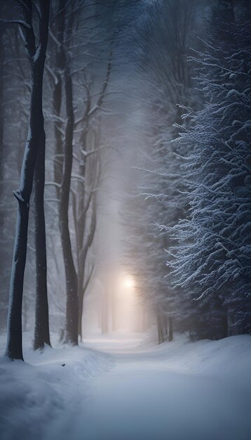 Winter road in the forest with trees covered with snow and foggy