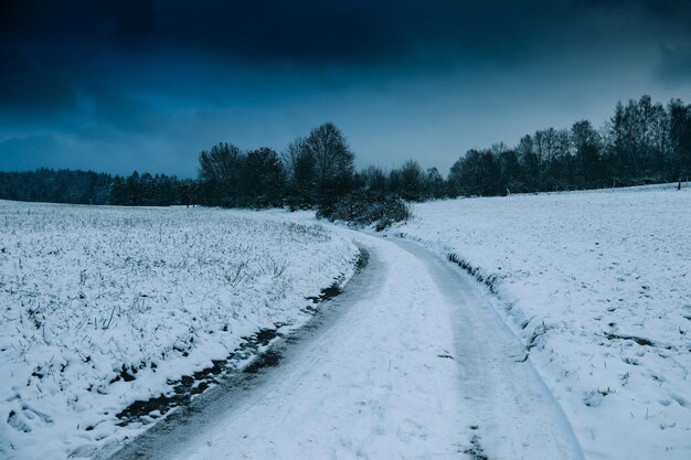 Winter road passing through snow-covered landscapes and woods, winter evening in the countryside