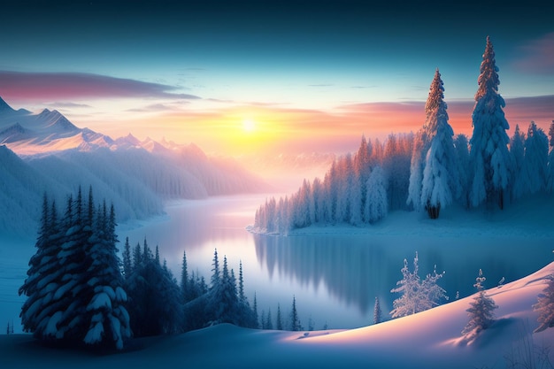 A winter scene with a snowy landscape and a snowy landscape.