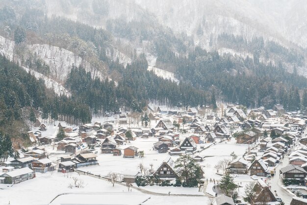 Winter Of Shirakawago with snow falling , Japan