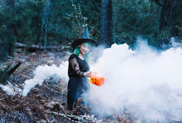 Free Photo witch in smoke in forest