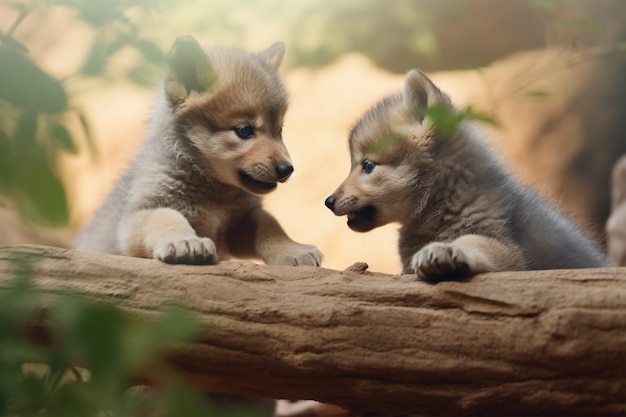 Free photo wolf puppies in natural environment