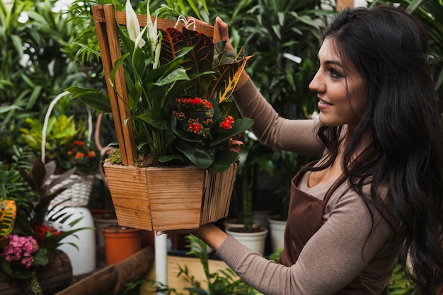 Free photo woman admiring potted plant