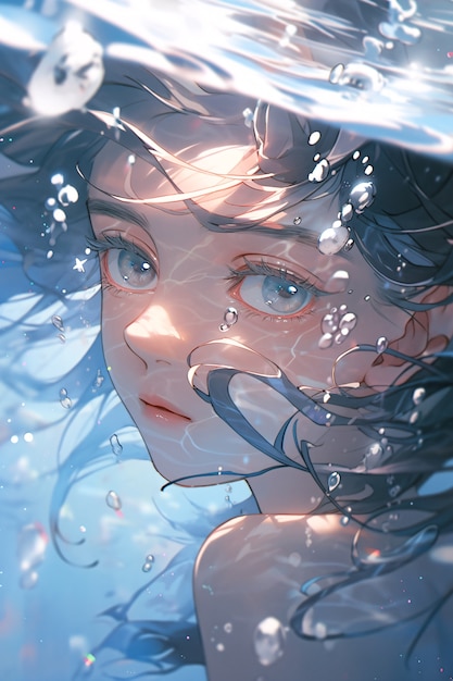 Woman anime character underwater