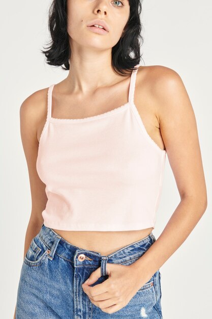 Woman in a baby pink cropped top mockup