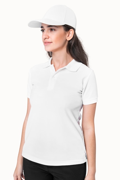 Free photo woman in basic white polo shirt apparel studio shoot