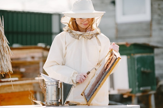 Free photo woman beekeeper looks after bees. wearing coverall woman work at apiary.