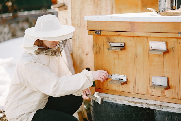 Free photo woman beekeeper looks after bees. wearing coverall woman work at apiary.