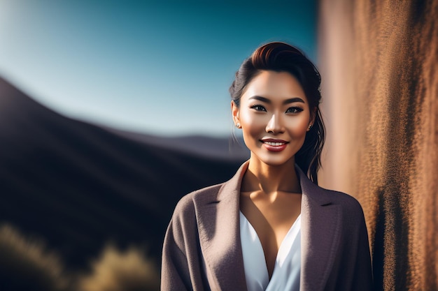 Free photo a woman in a beige coat stands in front of a mountain.