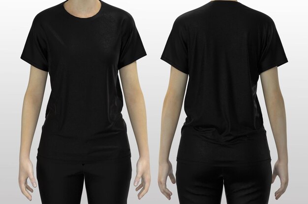 woman in blank black t-shirt, front and back views