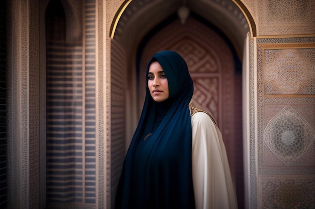 A woman in a blue hijab stands in front of a door.