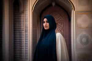 Free photo a woman in a blue hijab stands in front of a door.