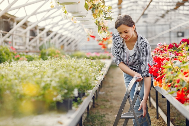 Woman in a blue shirt working in a greenhouse