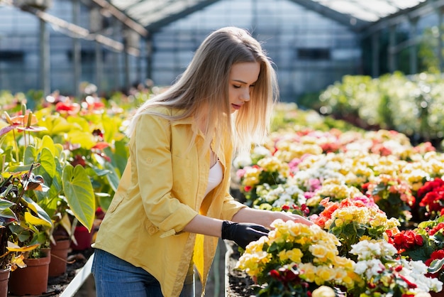 Woman caring flourish flowers