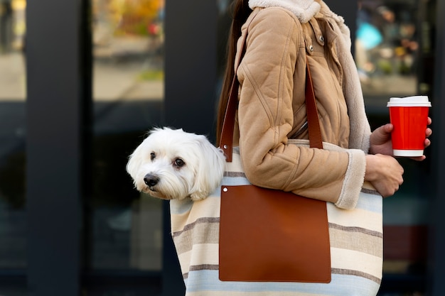 Free Photo woman carrying dog in bag side view