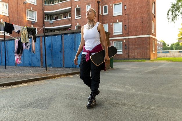 Woman carrying skateboard in suburbs full shot