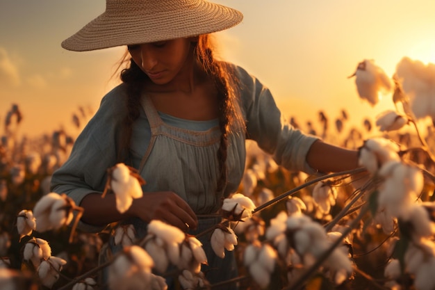 Free Photo woman collecting cotton farmer plantation field at sunsets