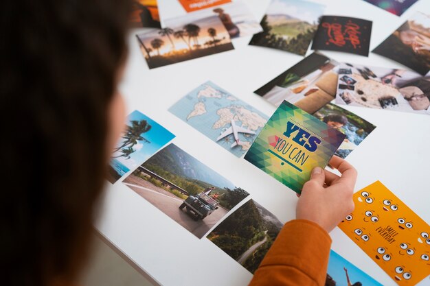 Woman creating inspiring vision board high angle