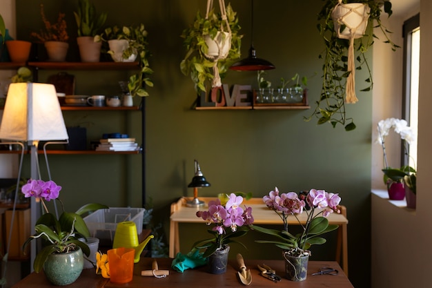 Woman decorating her house with orchids