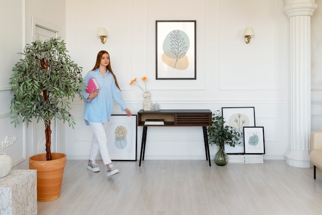 Free Photo woman doing daily activities in minimal decorated room