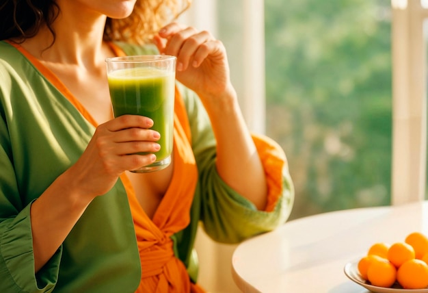 Woman drinking a glass of green juice